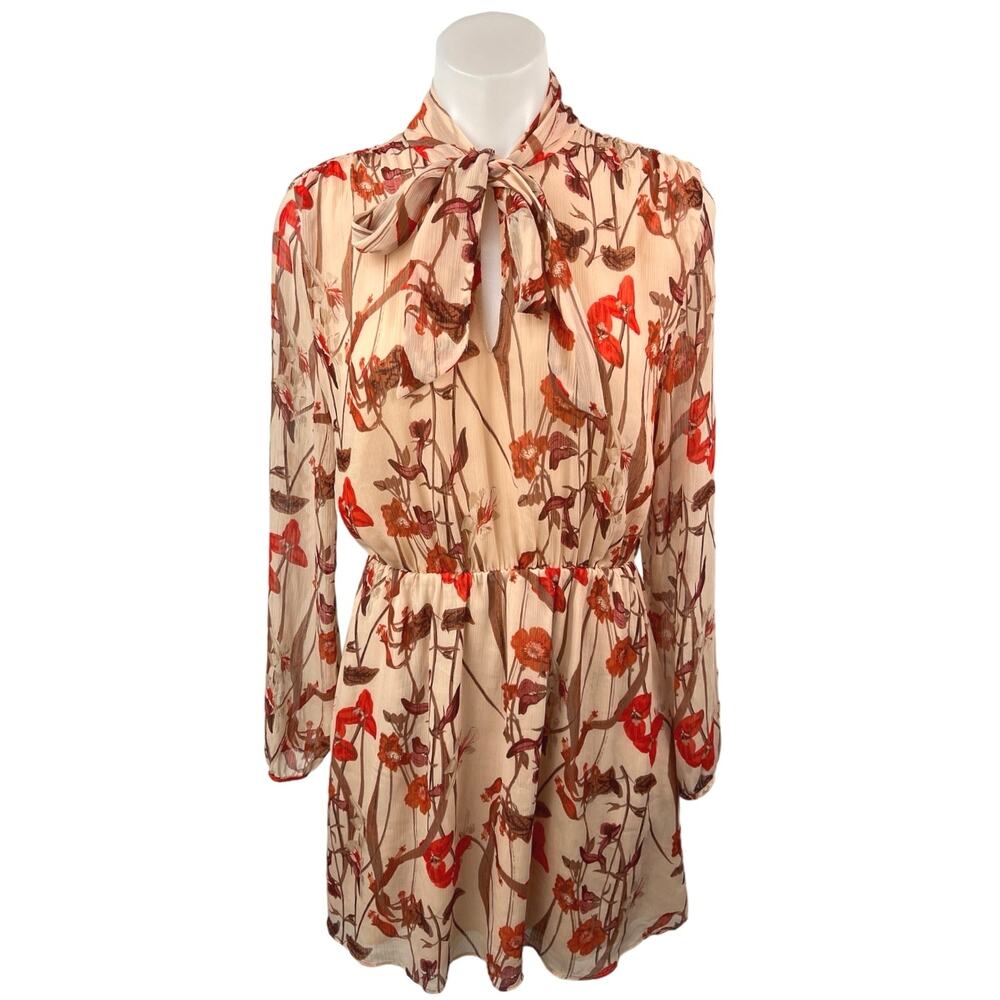 Aritzia Little Moon Orange Floral Tie Neck Long Sleeve Blouson Mini Dress Sz M